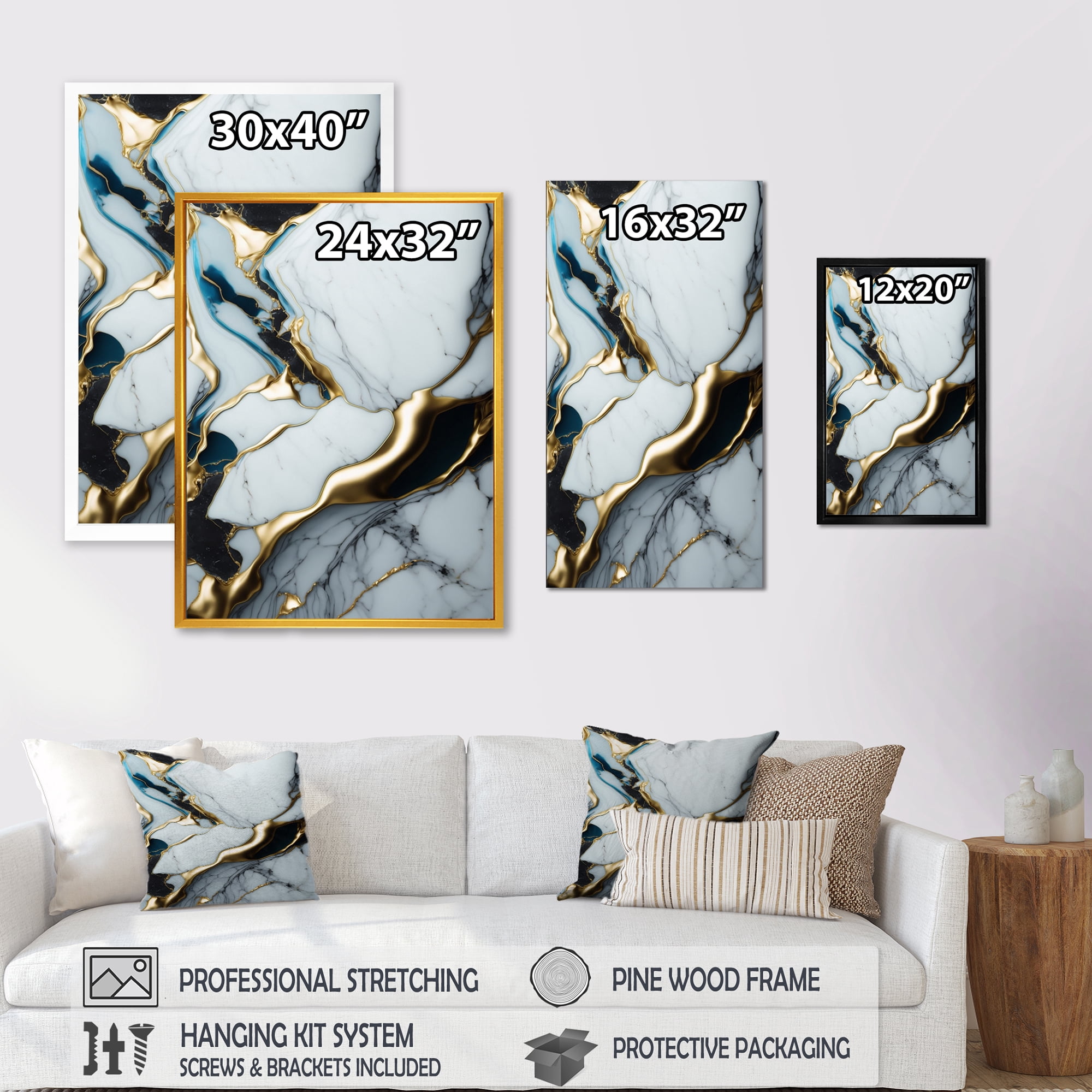 Designart Abstract Geode Gold And White Marble II Canvas Wall Art