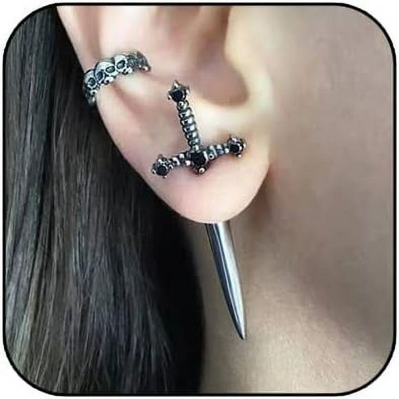 shiyou-Gothic Sword Earrings Rhinestone Dagger Earrings Black Retro Sword Screw Earrings Cubic Zirconia Punk Sword Earrings Front Back Stud Earrings for Women Girl