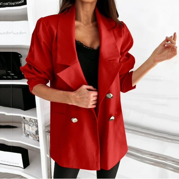 Aayomet Coats for Women 2023 Women Wool Blend Pea Coat Camel Notched Collar Double Long Outerwear Jacket,Red XL