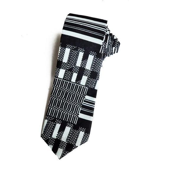 Black/White Kente African Print Necktie with Pocket Square