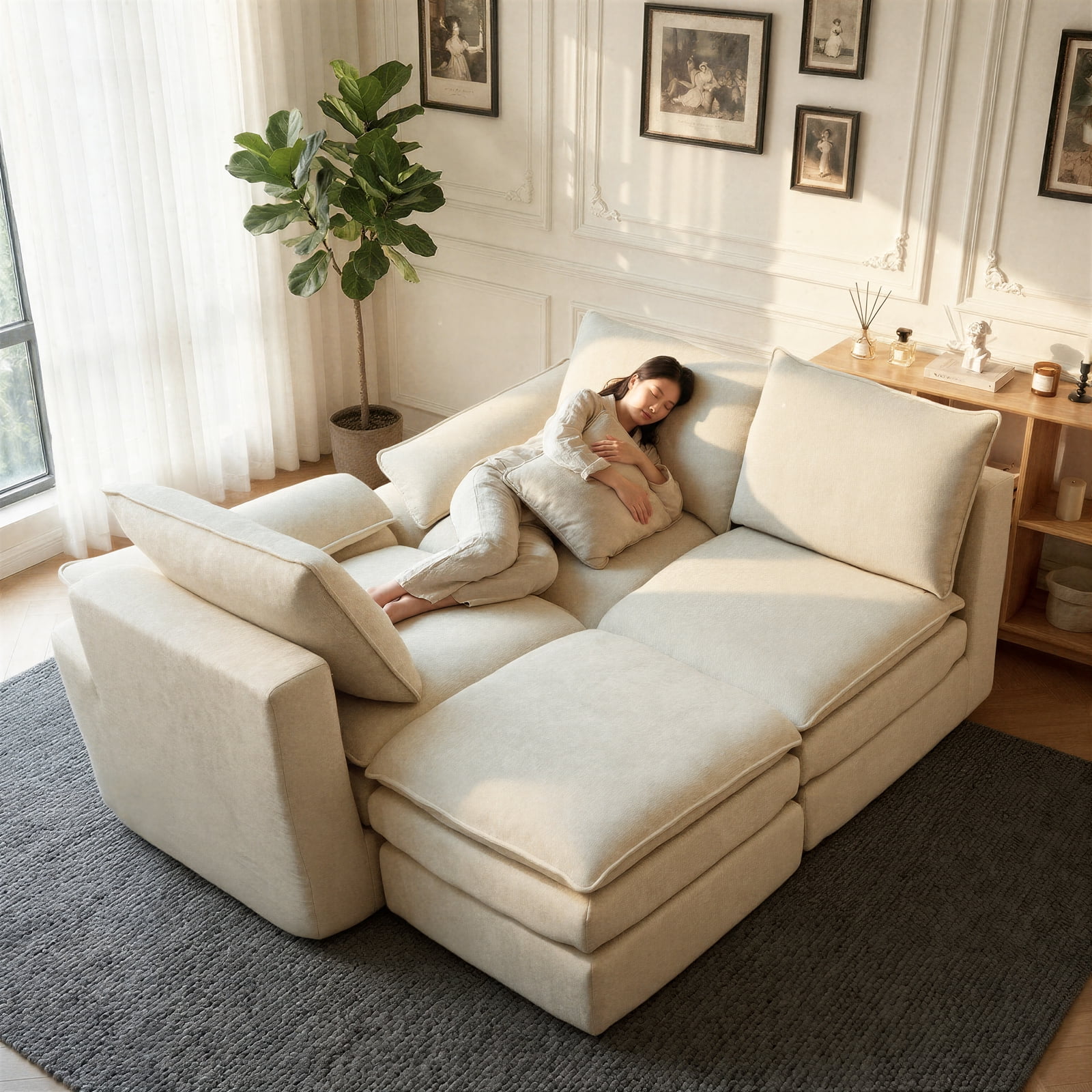 Kelyda 116'' Cloud Sectional Couches L Shaped, Modern Convertible Modular Cloud Chenille Sofa for Living Room White