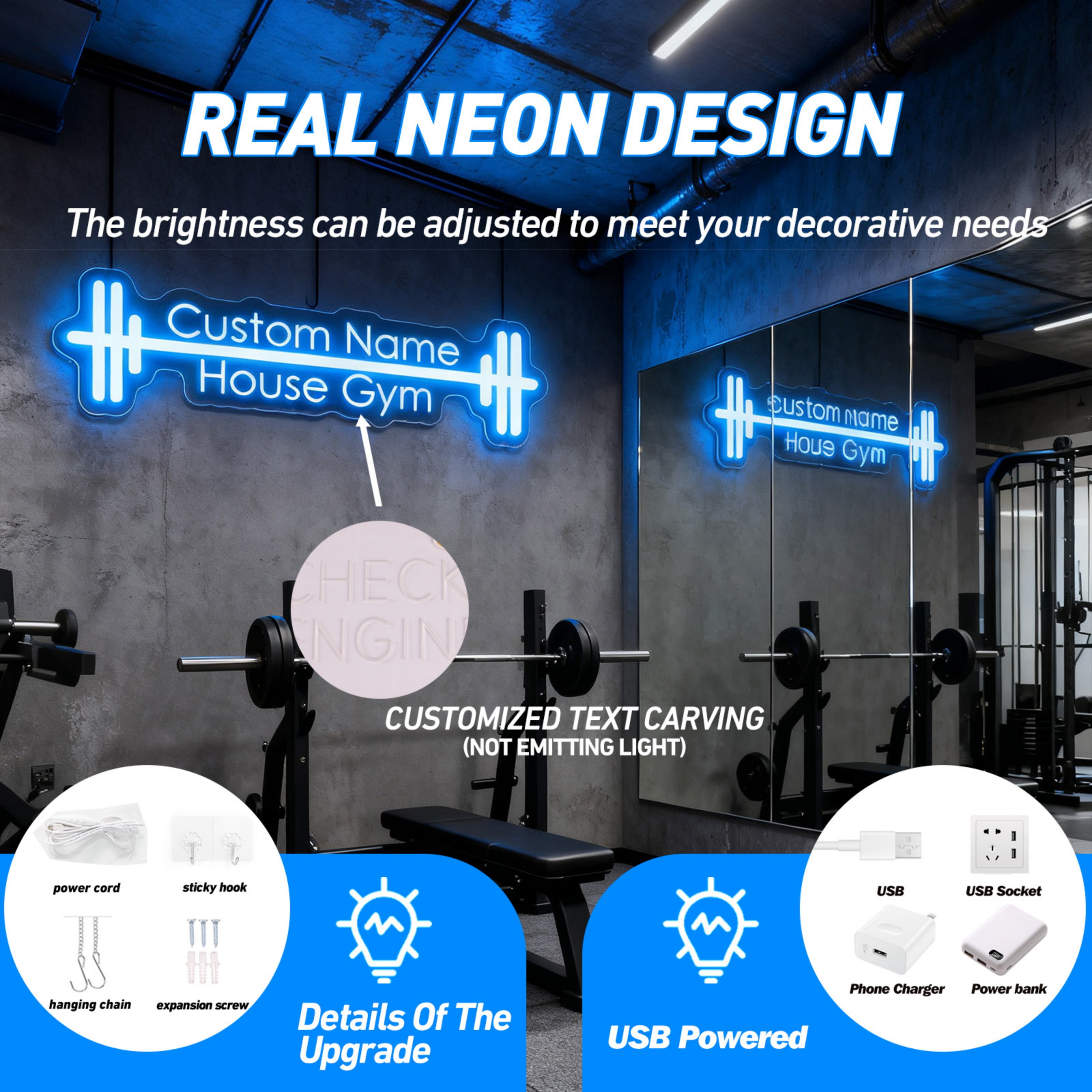 UPONRAY Two Lines Barbell Custom Neon Signs, Usb Powered with Adjustable Brightness Wall Decor for Gifts, Ice Blue, 14 inch