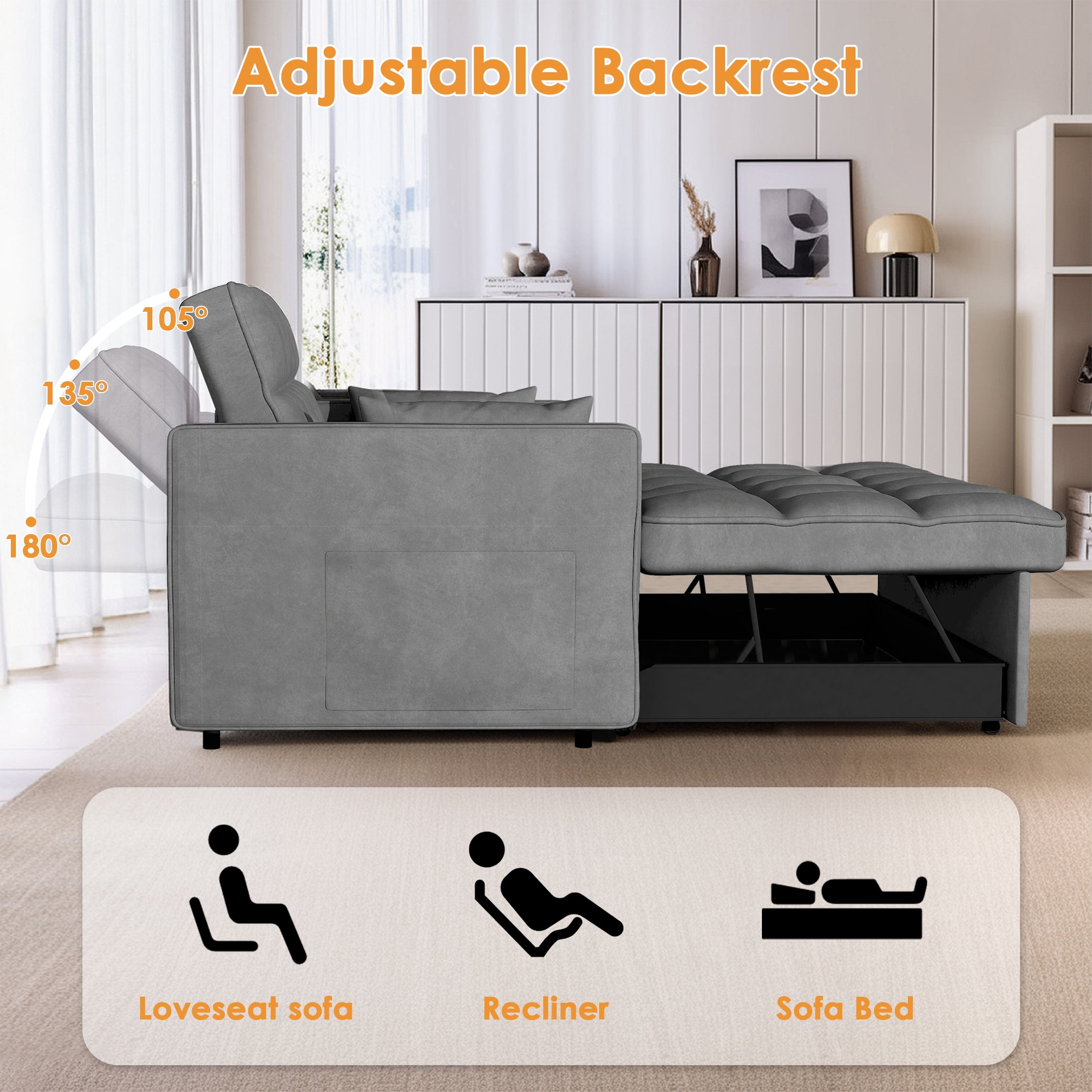 Howcool Convertible Sofa Bed, 3-in-1 Modern Velvet Pull-Out Couch with Side Storage Pocket and Adjustable Backrest, Gray