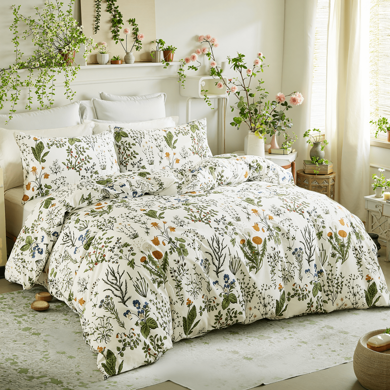 Duvet Cover - 100% Cotton Reversible Floral Duvet Cover Set with Zipper Closure, 3 Pieces Soft & Breathable Green Bedding Set for All Seasons