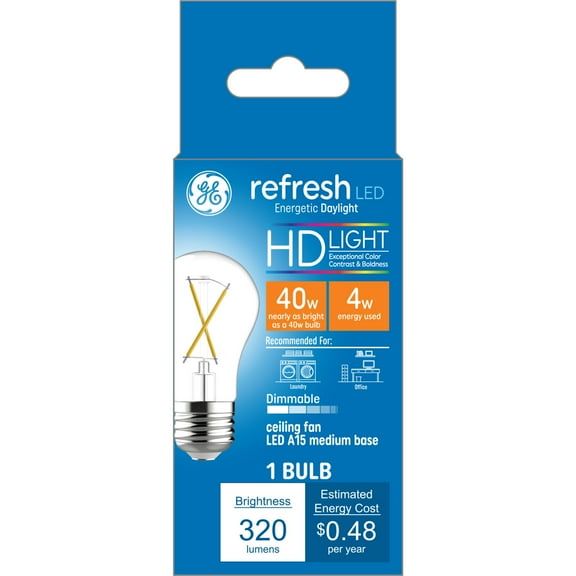 GE Refresh HD LED Ceiling Fan Light Bulb, 40 Watts, Daylight, A15 Bulb, Medium Base