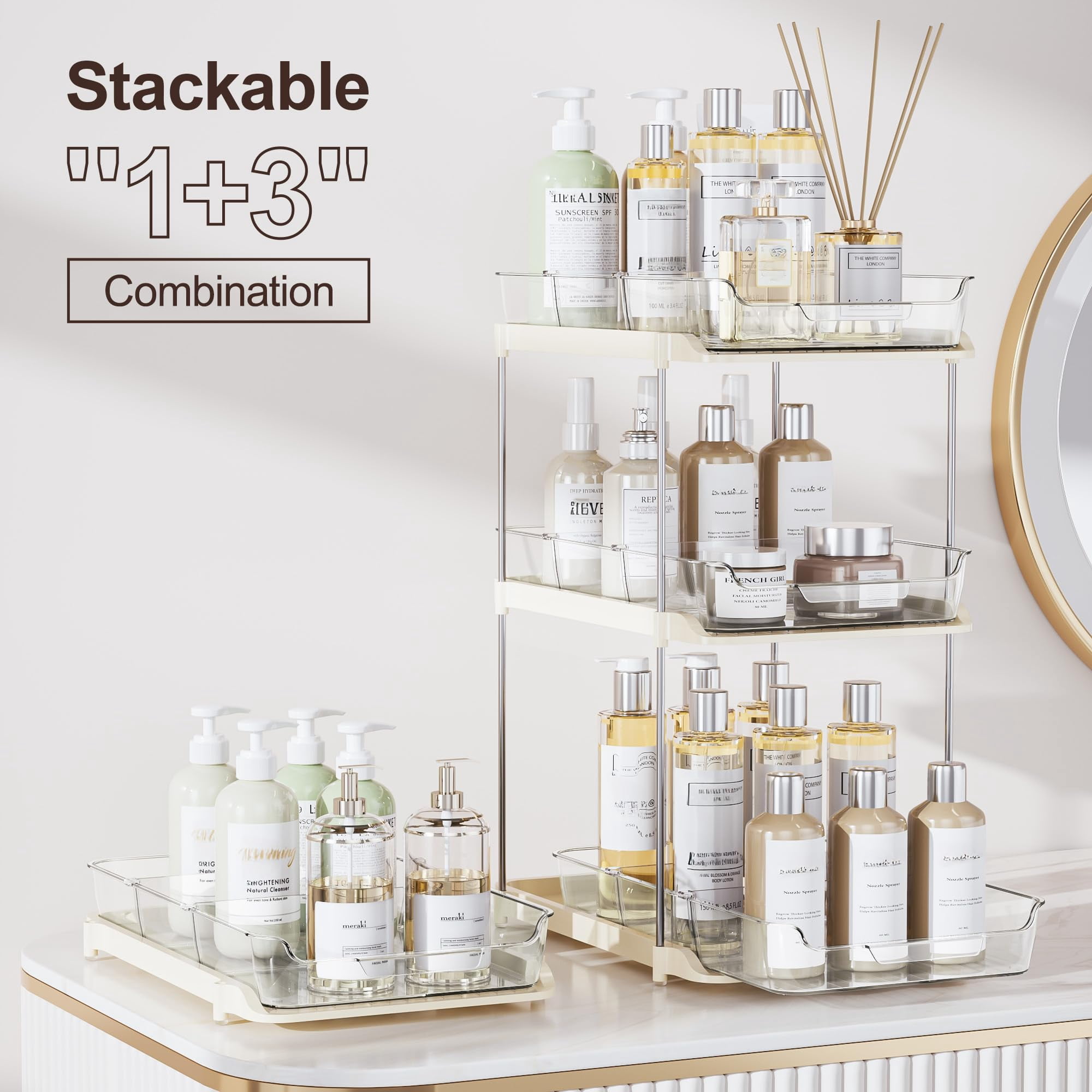2-tier Multi-purpose Bathroom Under Sink Organizers And Storage  Stackable Kitchen Pantry Organization Pull Out Cabinet Organizer With Movable Dividers Beige 2 Pack