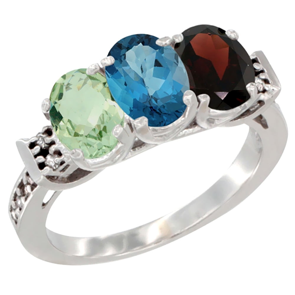 10K White Gold Natural Green Amethyst, London Blue Topaz & Garnet Ring 3-Stone Oval 7x5 mm Diamond Accent, sizes 5 10 by WorldJewels