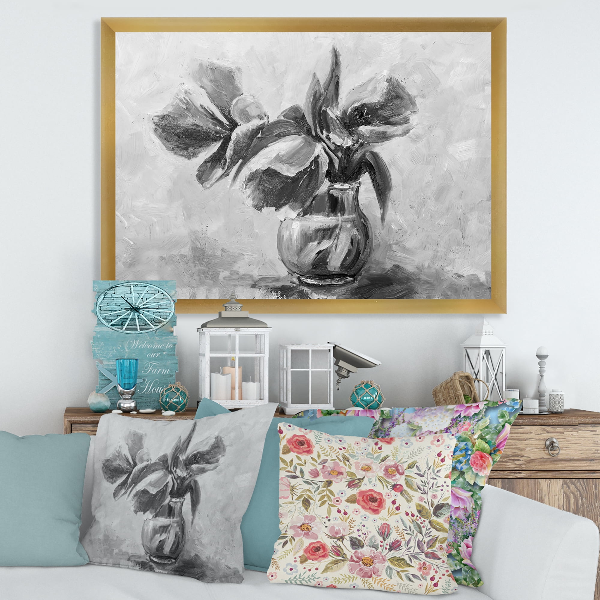 Designart 'Black and White Still Life Of Flowers In A Vase' Traditional Framed Art Print