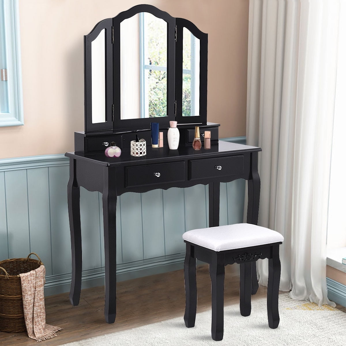 Black Makeup Table Stool Set Tri Folding Mirror Vanity