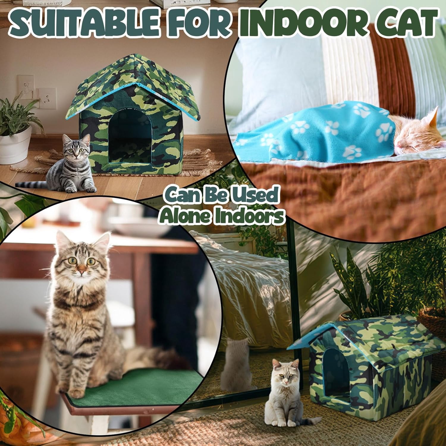 16" x 15" x 14 Outdoor Cat House for Winter Weatherproof Feral Pet Shelter for Cats Dog Collapsible Outside Green Camouflage Pet House with Self Warming Pad Blanket 3 Tent Stake(M Size)