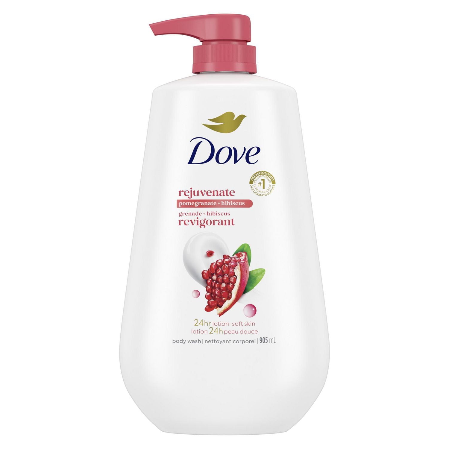 Nettoyant Corporel avec Pompe pour une Peau Douce comme une Lotion pendant 24 heures, Dove Rejuvenate Grenade et Hibiscus