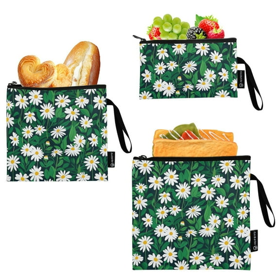 Dailycode Reusable Ziploc Bags Leakproof Sandwich Snack Freezer Bags Daisies Flowers with Green Leaves 3 pack