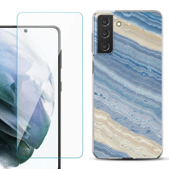 Slim-Fit TPU Fashion Phone Case for Samsung Galaxy S21 FE 5G Fan Edition, with Tempered Glass Screen Protector, by OneToughShield ® - Marble/ Marina Blue