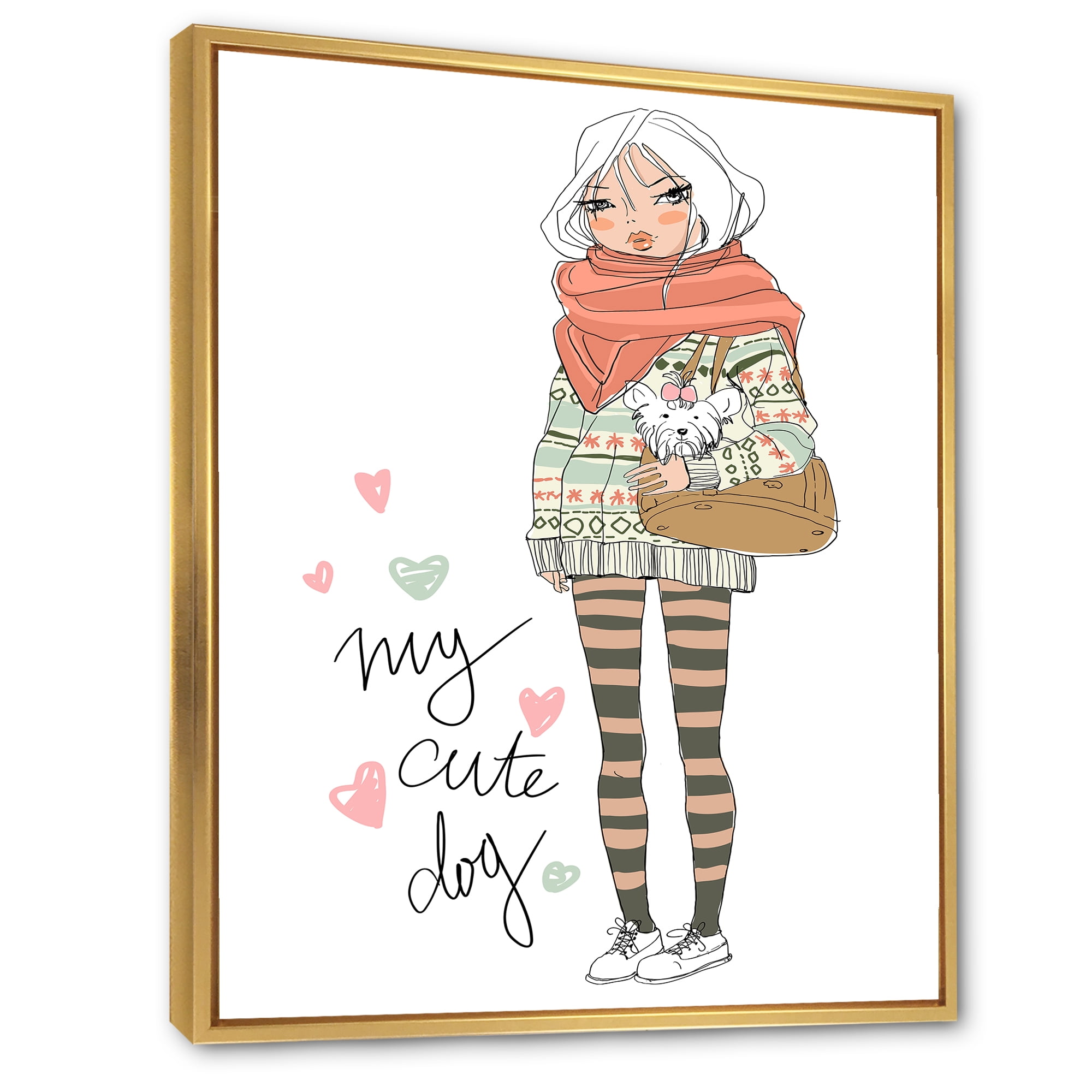 Designart 'My Cute Dog Cute Girl With Dog' Shabby Chic Framed Canvas Wall Art Print