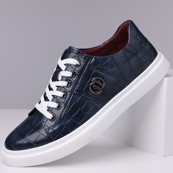 Men's Burgundy Croc Embossed Casual Leather Sneakers, Lace Up Round Toe Microfiber Leather Flat Skate Shoes, 2026 Summer New Arrival
