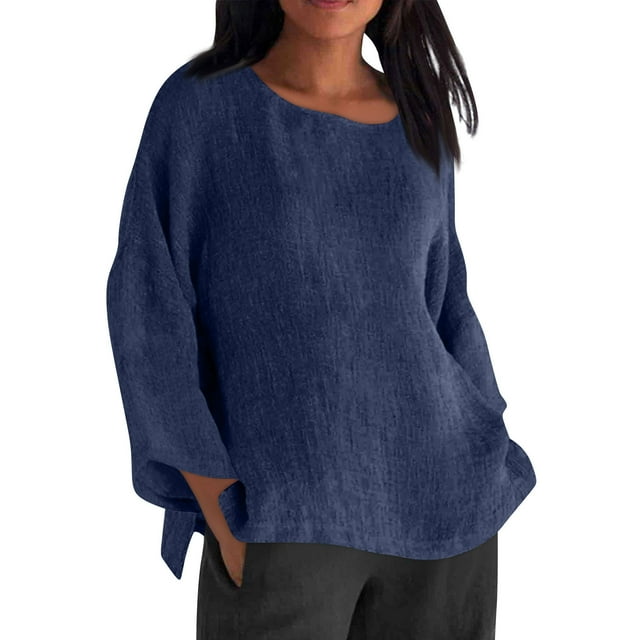 Swstbby Liquidation d'Économies d'Automne! Hauts d'Automne pour Femmes Grande Taille, T-Shirt à Col Rond Uni pour Femme à Manches Longues Haut Décontracté Bleu Foncé TTTG