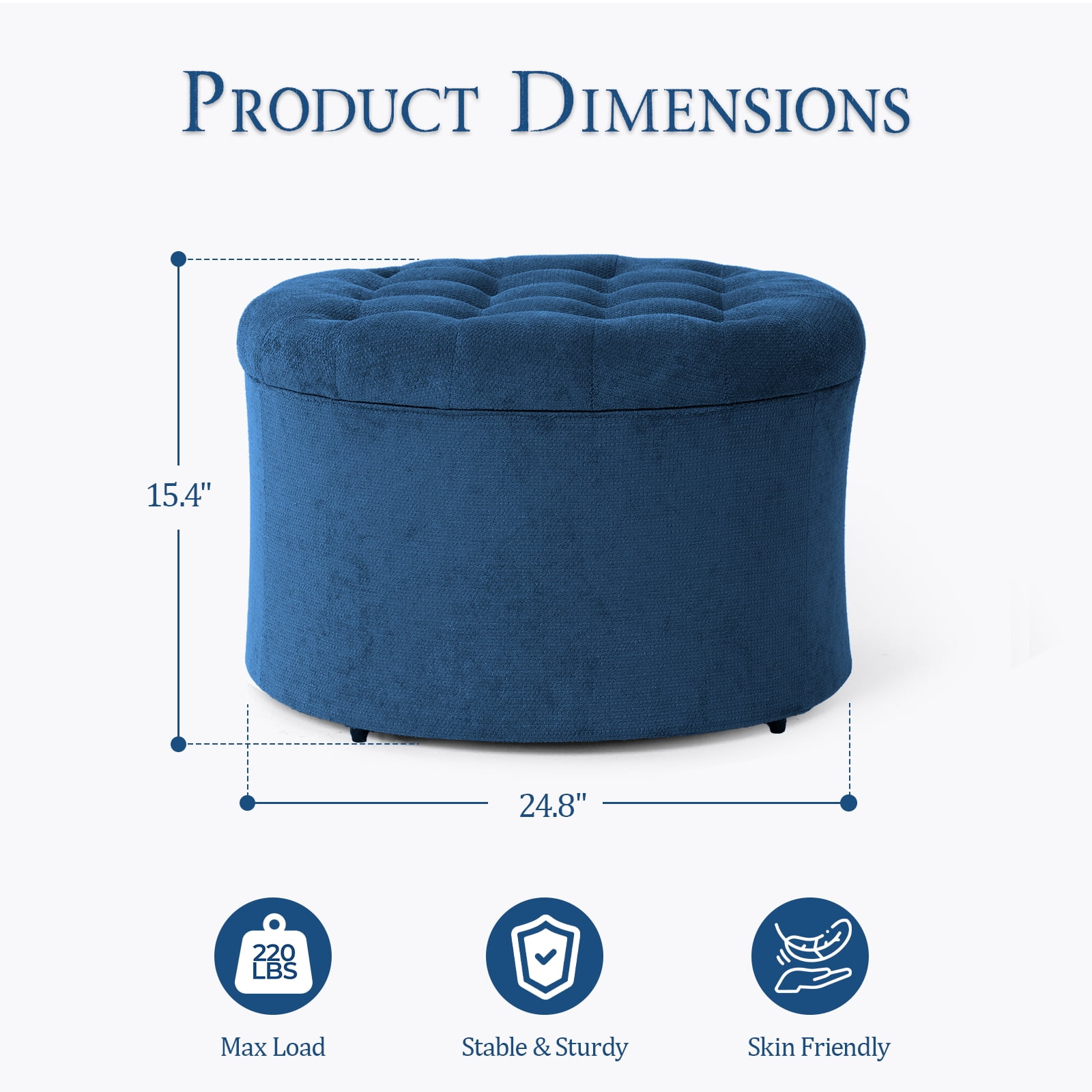 Dovov 25" Tufted Round Ottoman with Storage, Large Storage Ottoman Footrest Flip Top Foot Stool, 220lbs Capacity, Blue
