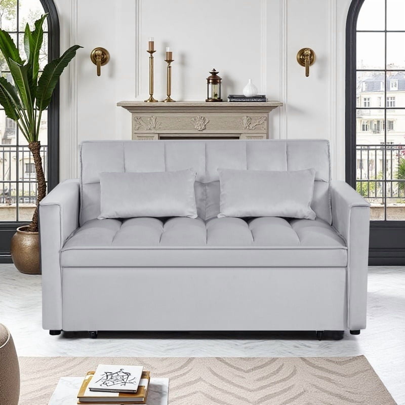 Gewnee 54" Velvet Upholstered Pull Out Sleeper Loveseat for Home,Office,Guest Room.Silver Grey