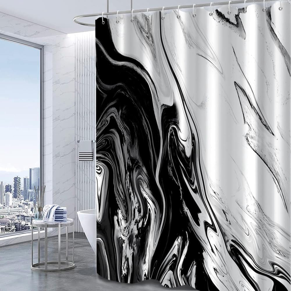 Black and White Shower Curtain, Modern Abstract Marble Shower Curtain for Bathroom Aesthetic Ink Texture Waterproof Fabric Shower Curtain Set with Hooks, 72x72 Inch