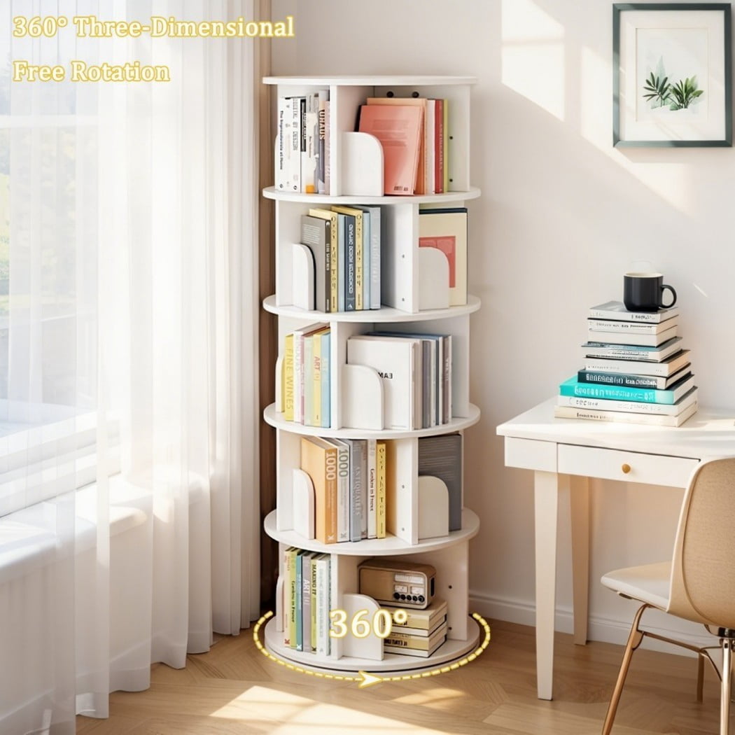 5-Tier Rotating Bookshelf, 360° Spinning Bookcase Tower with Wraparound Baffles, Space-Saving Round Display Shelf for Bedroom, Living Room & Home Office, Warm White