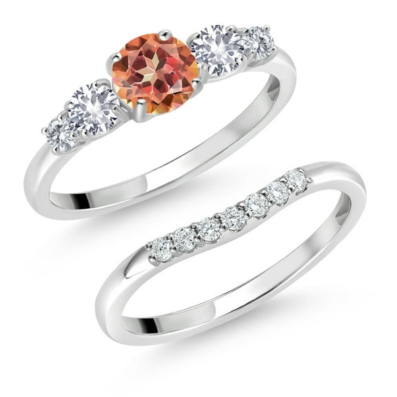 Gem Stone King 10K White Gold Ecstasy Mystic Topaz White Created Sapphire and White Lab Grown Diamond 5 Stone Bridal Engagement Wedding Ring Set for Women (1.37 Cttw, Round: 5MM and 3MM, Size 9)