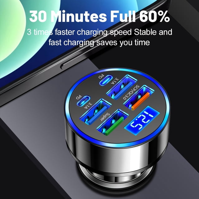 4-Port XJDR Rapid Car Charger - Fast PD QC3.0 Charging, 2 USB-C, 2 USB-A, Compact Type-C Adapter for Car Phone Charging