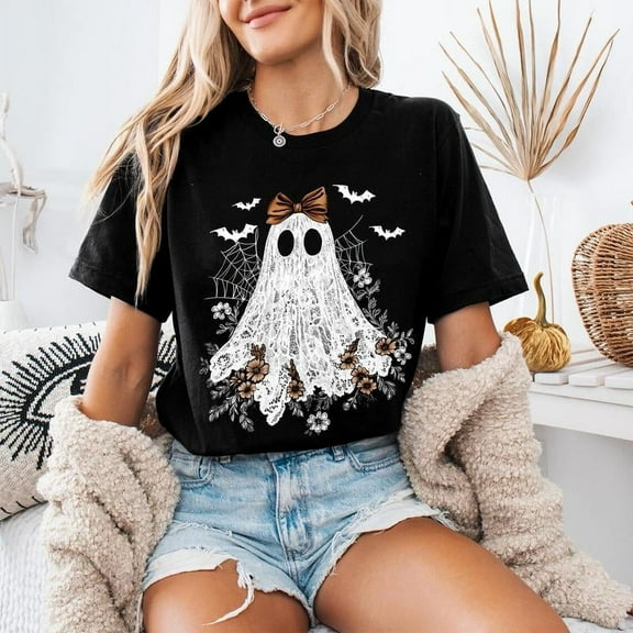 Women's Halloween Ghost T-Shirt Lace Bow Coquettish Round Neck Cute Horror Graphic Tee Top Black S-5XL
