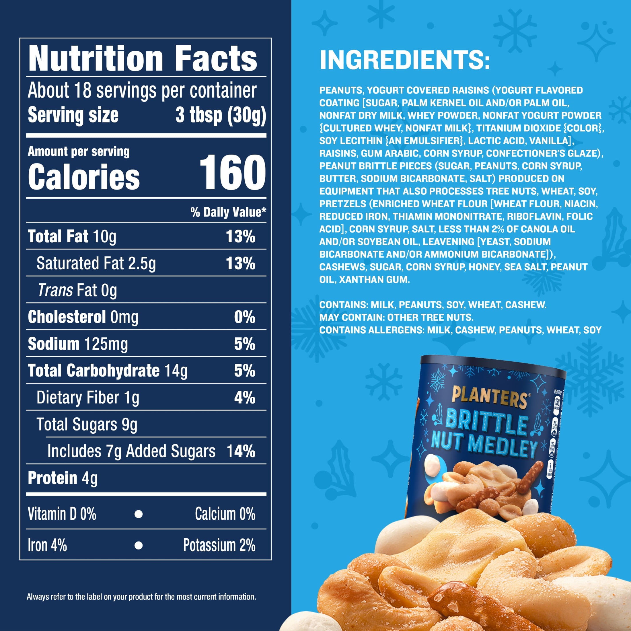PLANTERS Winter Edition Brittle Nut Medley Trail Mix Snack with Honey Peanuts, Yogurt Raisins, Peanut Brittle, Pretzels and Cashews, Plant Based Protein, 1.20 lb. Canister