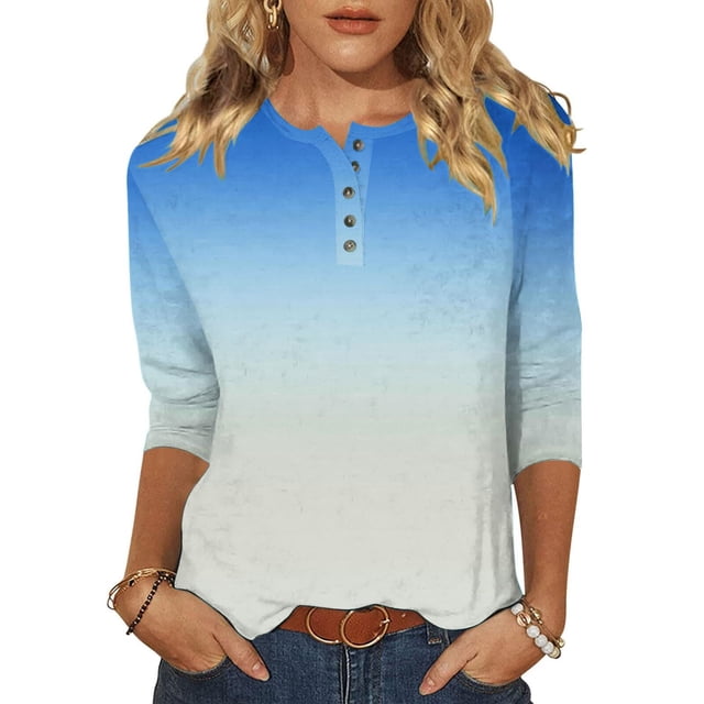 Yuyuzo Womens 3/4 Sleeve Tops Basic Button Crew Neck Solid Color Loose Fitted Tunics Tee Blouses