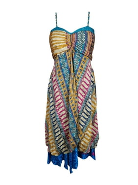 Mogul Women Coloful Vintage Recycled Sari Printed Sundress Layered Spaghetti Strap Beach Summer Dresses S/M