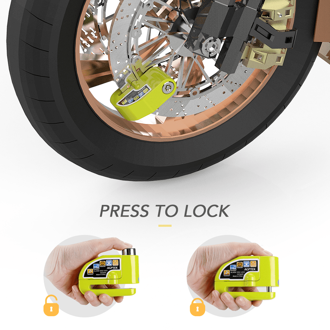 AGPTEK Motorcycle Locks Anti Theft,  Padlock Disk Lock for Bike with Alarm, MLS Green