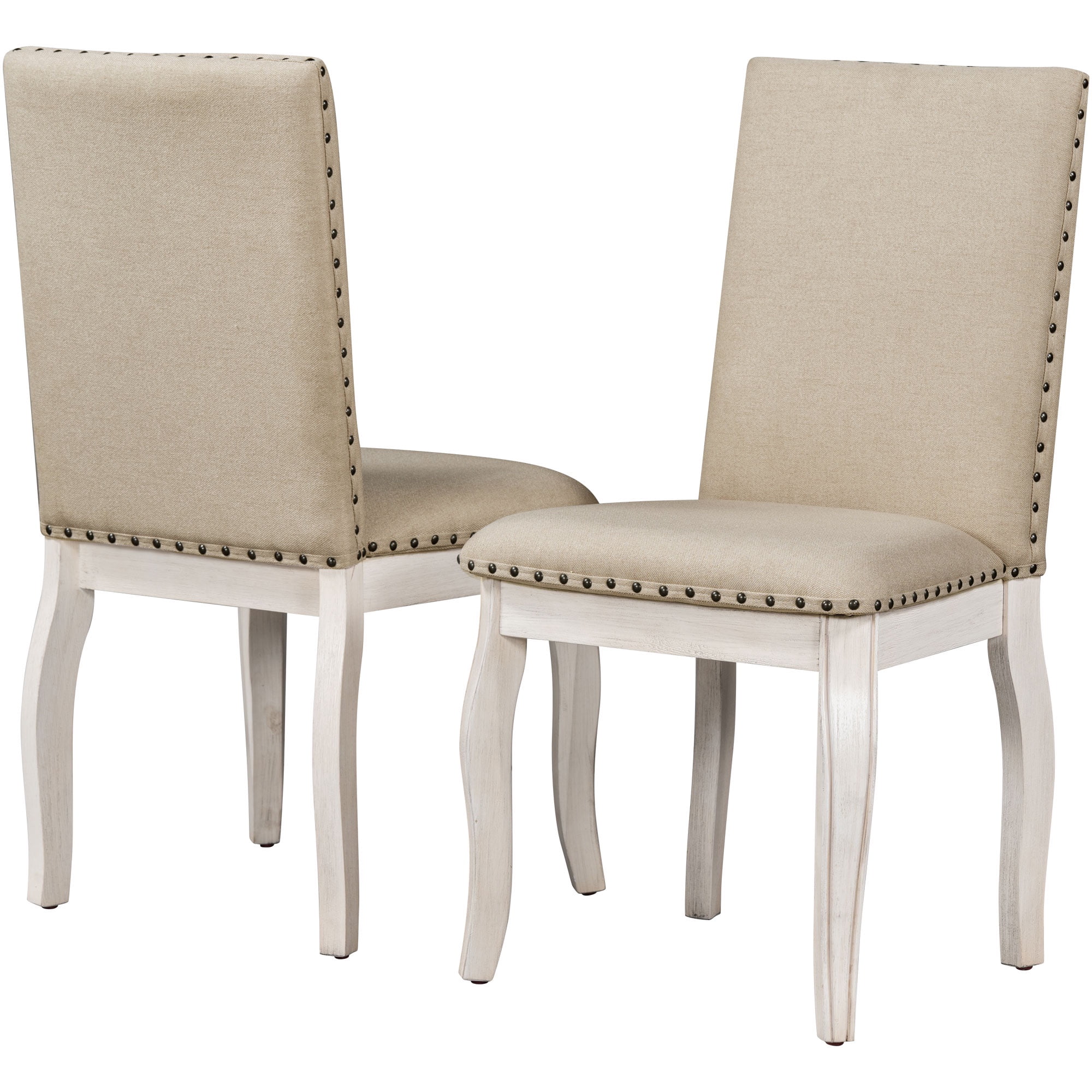 PORKISS Set of 2 Dining Chairs, High Back Upholstered Kitchen Chairs with Solid Wood Frame, Curved Legs and Bronze Nailhead Trim, White