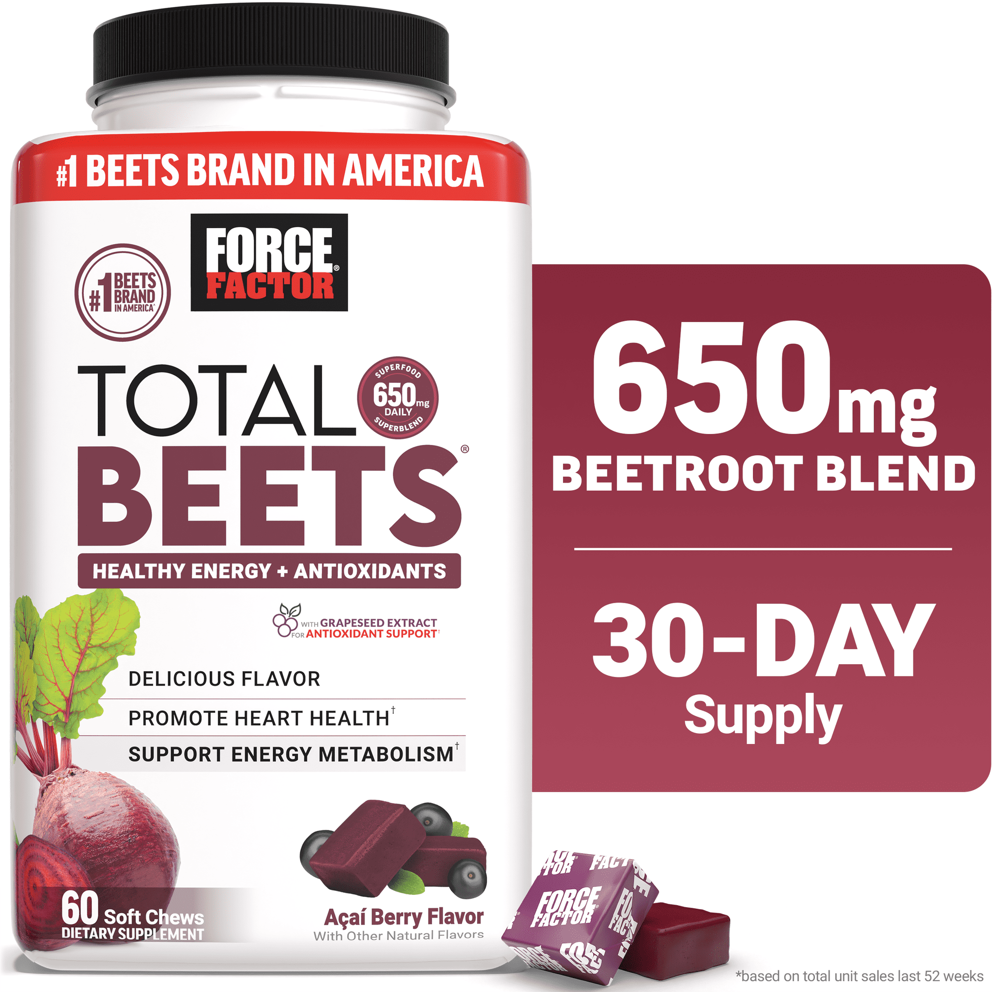Force Factor Total Beets, Beet Root Supplement with Beetroot Powder for Heart Health, Nitric Oxide & Energy, Acai Berry, 60 Soft Chews