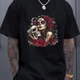 thumbnail image 1 of T-Shirt Graphique d'Horreur Gothique pour Hommes - T-Shirt Blanc avec Maquillage de Crâne pour Femmes et Roses Rouges - Chemise Légère et Respirante en Polyester pour Mode Urbaine, Halloween, Concerts - Haut à Col Rond Lavable à la Machine pour, 1 of 5
