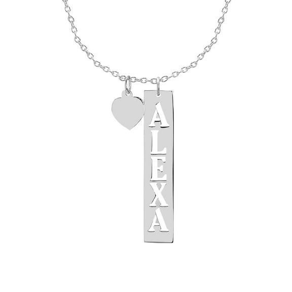 Personalized Vertical Cut Out Name Bar Necklace with Dangling Heart