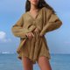 thumbnail image 3 of Conjunto de camisa de manga larga lisa y pantalones cortos para mujer: ropa informal de playa, cintura elástica, tallas S-XXL, contorno de pecho 130-146 cm, 3 of 5