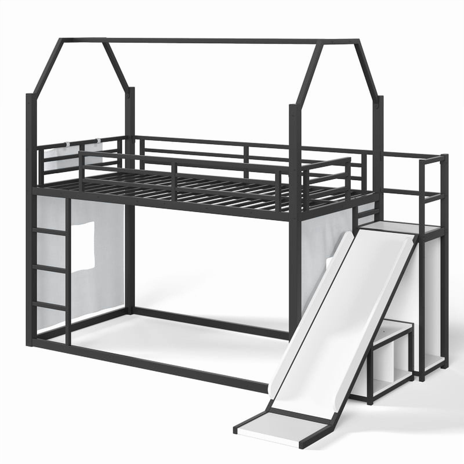 Twin Size House Bunk Bed with Slide, LED Lights, Clothes Rack, Storage Bags & Shelves, Metal Kids Bunk Bed with Guardrails, Playhouse Design, No Box Spring Needed