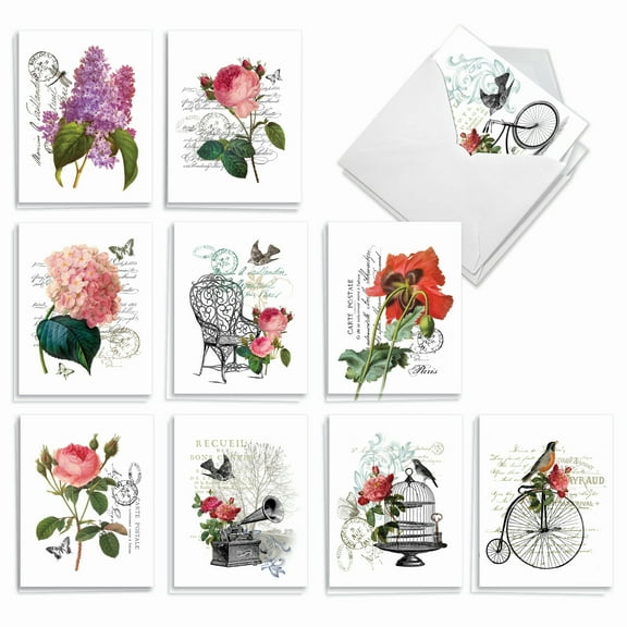 20 Blank All Occasion Note Cards with Envelopes (4" x 5.12") - Vintage Blooms All Occasions (10 Designs, 2 Each) AM3515OCB-B2x10