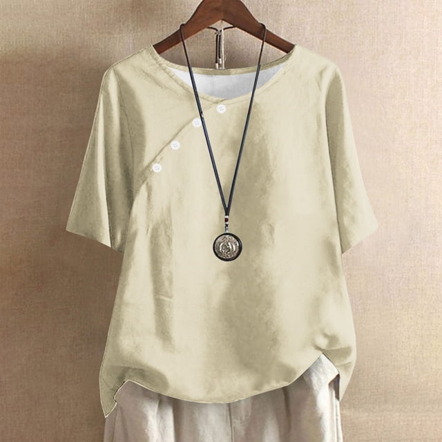 Meichang Linen Shirts for Women Button Up Crew Neck T Shirts Solid Color Cotton Linen Tops Plus Size Short Sleeve Tees Lightweight Summer Tops