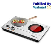 1800W Ceramic Electric Countertop Burner, Dual Infrared Hot Plates Cooker Stainless Steel Cooktop with Adjustable Temperature Control and Non-Slip Rubber Feet