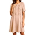 thumbnail image 4 of Ayolanni Short Sleeve Sundresses for Women Solid Button Henley Midi A-Line Dress Casual Embroidered Linen Flowy Vacation Sundress with Pockets Pink XL, 4 of 6