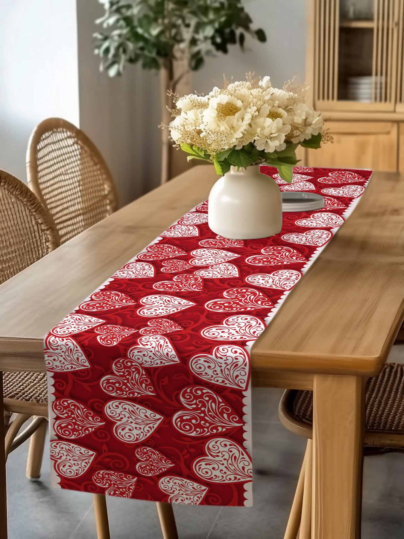 Valentine's Day Table Runner, Abstract Romantic Red White Floral Love Heart Red Washable Cotton-linen Table Runners Dining Kitchen Decoration for Everyday Home Wedding Party Decor, 13 x 120 Inch