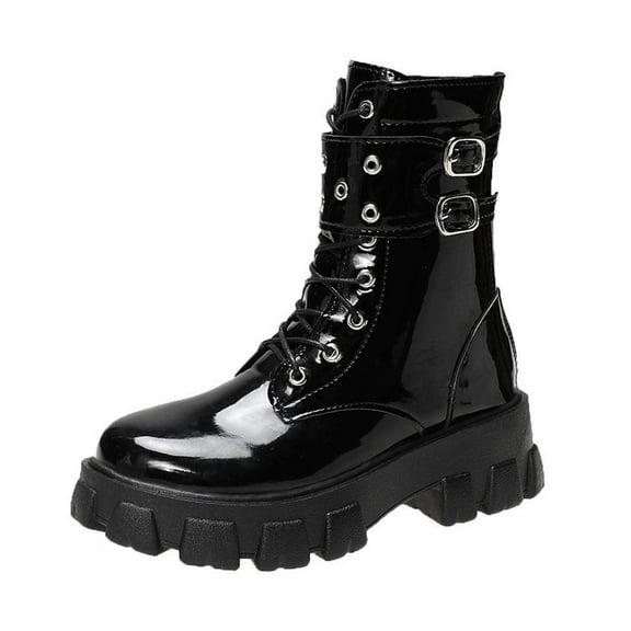 Black Women'S Chunky Heel Mid-Calf Boots With Front Lace-Up And Belt Buckle, Round Toe, Thick Sole