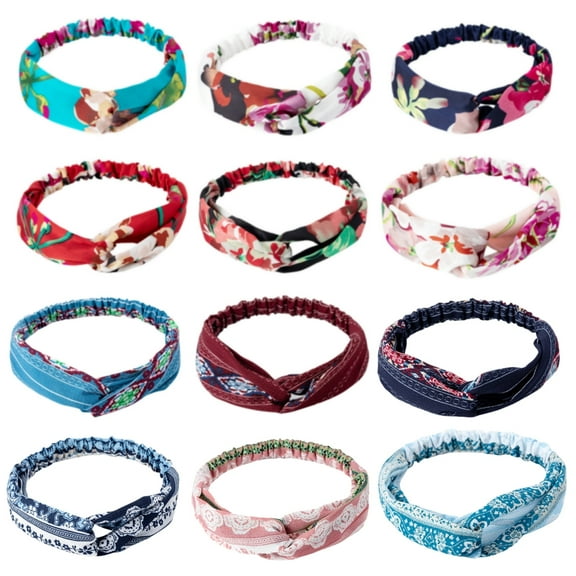 Wide Knotted Headbands for Women - 12 Pack Boho Hair Accessories, Elastic Turban Bandeau, Flower Printed Plastic Head Band Vintage Cross Hair Accessories for Washing Face, Style 1