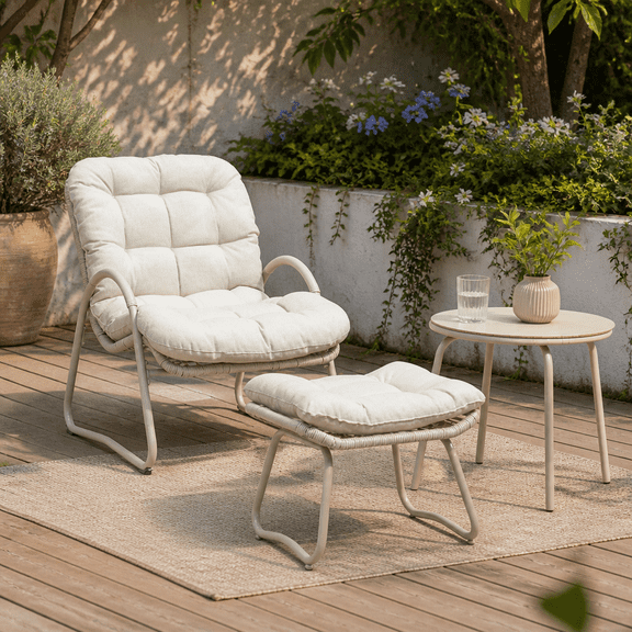 Ergonomic Lounge Chair with Ottoman, Comfortable Reading Chair for Outdoor Pool Beach, 3-Piece Off-White Woven Rope Patio Furniture Set with Side Table