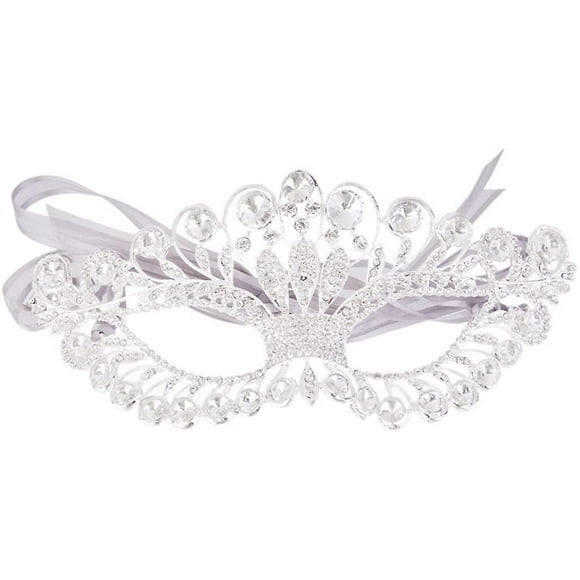 Rhinestone Mask, Masquerade Mask Silver, Crystal Eye Mask With White Ribbon Ties