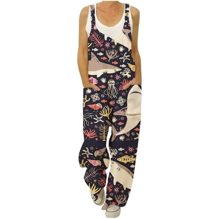 

Usmixi Womens Jumpsuits Plus Size Strap Maxi Jumpsuits Overalls with Pocket Casual Plants Print Crewneck Sleeveless Long Summer Rompers Khaki xxxxxl