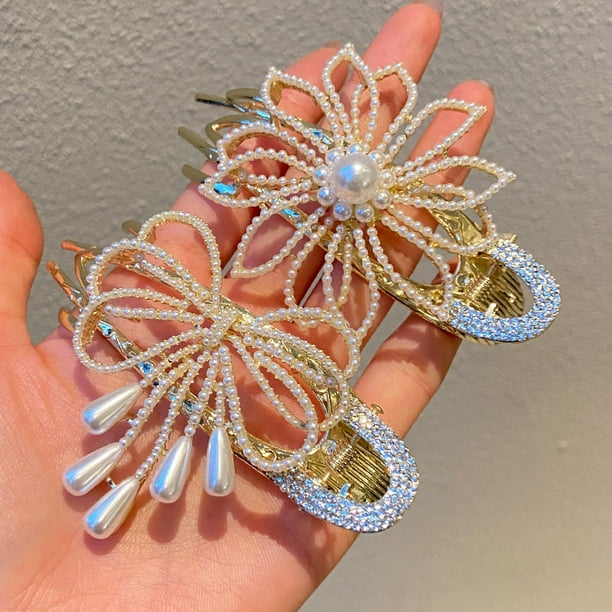 2PCS Pearl Gold Duckbill Pinzas para el cabello Bowknot Flower Metal Hair Barrettes Sparkly Rhinestone Cola de caballo Accesorios para el cabello Tocados para mujeres niñas LingWen 9024715145895