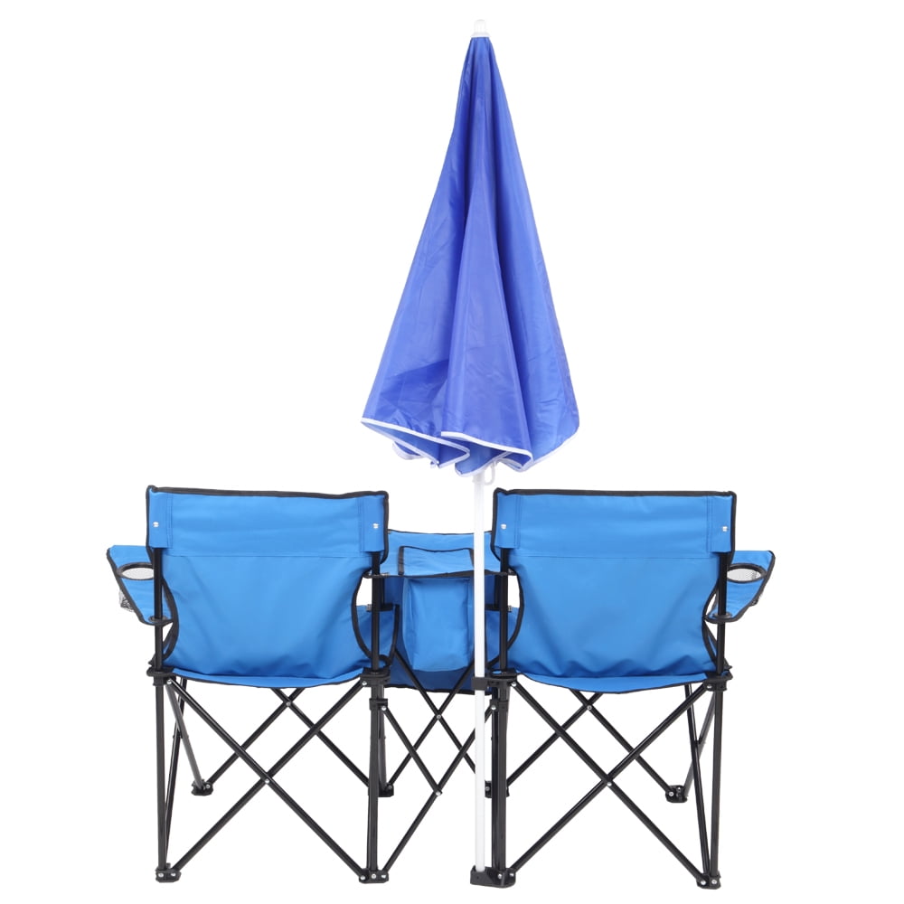2-Seat Outdoor Folding Chair with Removable Sun Umbrella, Blue