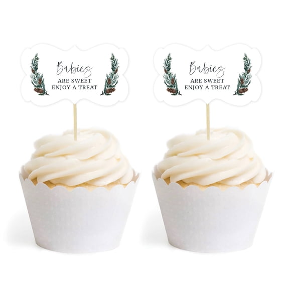 Koyal Wholesale Winter Woodland Watercolor Baby Shower, Cupcake Topper DIY Kit, Babies are Sweet Enjoy a Treat, 18-Pack